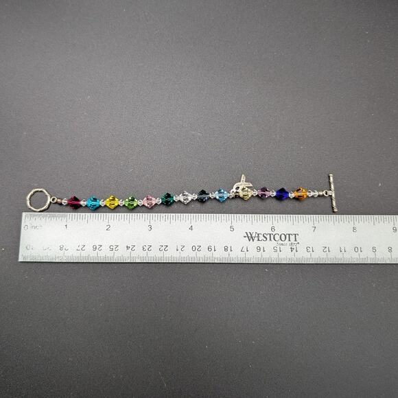 SJC Sterling 925 Breast Cancer Awareness Ribbon Crystal Bracelet Rainbow Toggle - Picture 7 of 9